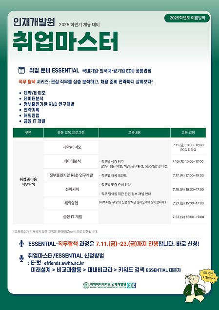 07.15.(화) 15:00~17:00 데이터분석,  07.17.(목) 17:00~19:00 정부출연기관 R&D 연구개발, 07.18.(금) 15:00~17:00 전략기획, 07.21.(월) 15:00~17:00 해외영업, 07.23.(수) 15:00~17:00 금융IT개발